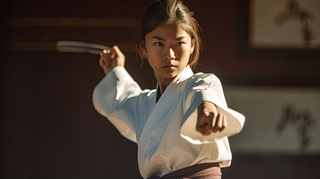 Asian woman karate martial arts. Taekwondo. Generative Ai
