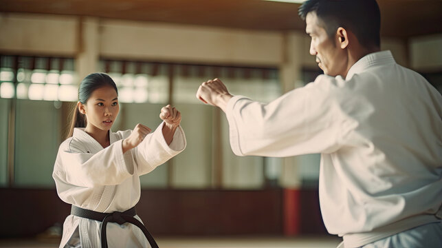 Asian young woman training martial art of taekwondo with her coach, sportsmanship concept. Taekwondo. Generative Ai