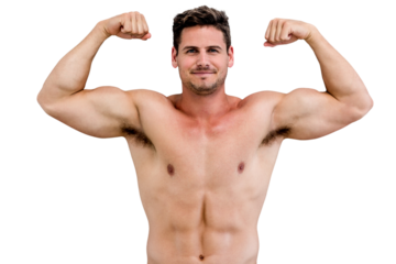 Digital png photo of caucasian muscular man flexing muscles on transparent background