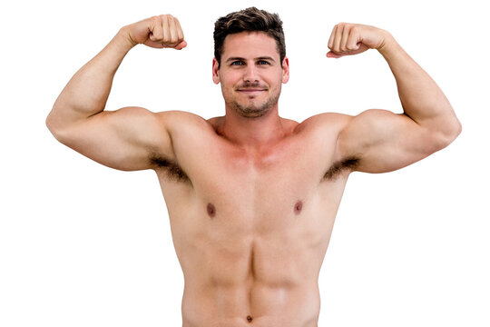 Digital png photo of caucasian muscular man flexing muscles on transparent background