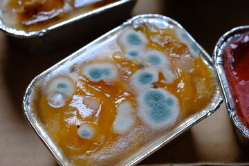 mushrooms growing on the fruit pudding. dangerous and poisonous mushrooms. if eaten can cause food...