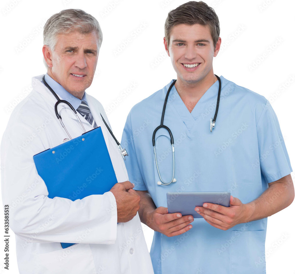 Wall mural Digital png photo of caucasian male doctor and nurse with tablet on transparent background