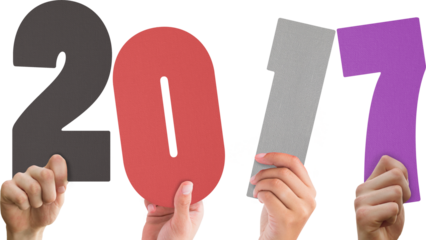 Digital png illustration of hands holding 2017 number on transparent background