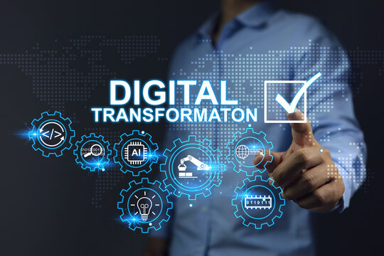 businessman tick check mark on digital transformation box to accept or adapt the industries or factory in digital age with data information to increase the productivity and process improvement