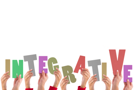 Digital png illustration of hands holding integrative text on transparent background