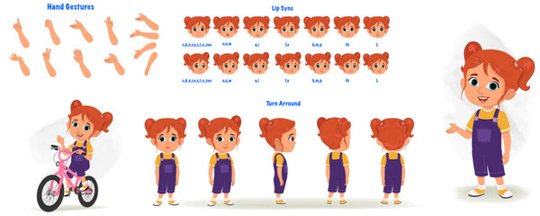 Set of cute girl character design. Character Model sheet. Front, side, back view animated character. Cute girl character creation set with various views, poses and gestures. Cartoon style, flat vector