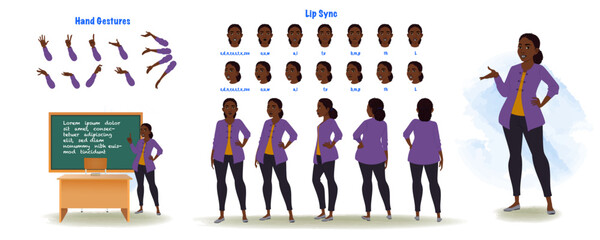 Set of african teacher character design. Character Model sheet. Front, side, back view animated character. Teacher character creation set with various views, poses and gestures. Cartoon style