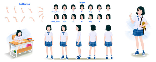 Naklejka premium Set of teenager student design. Character Model sheet. Front, side, back view animated character. School girl character creation set with various views, poses and gestures. Cartoon style, flat vector