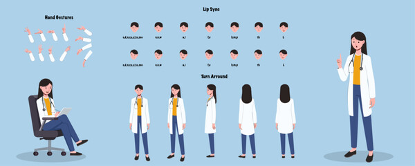 Set of female doctor character design. Character Model sheet. Front, side, back view animated character. Doctor character creation set with various views, poses and gestures. Cartoon style,flat vector