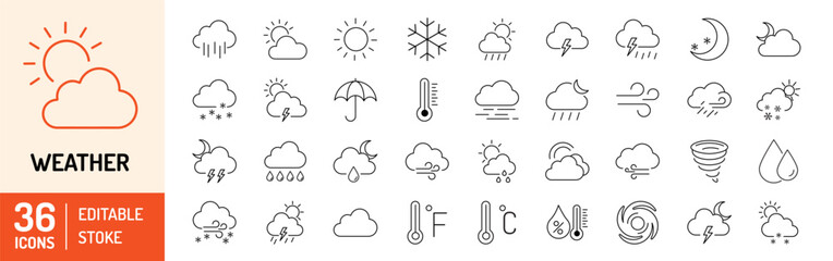 Weather editable stroke outline icons set. Clouds, wind, rain, sun, weather forecast, snow, moon, snowflakes and storm. Vector illustration - obrazy, fototapety, plakaty