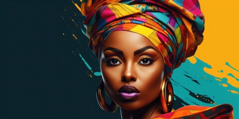 illustration of beautiful  black woman in a turban, generative AI - obrazy, fototapety, plakaty