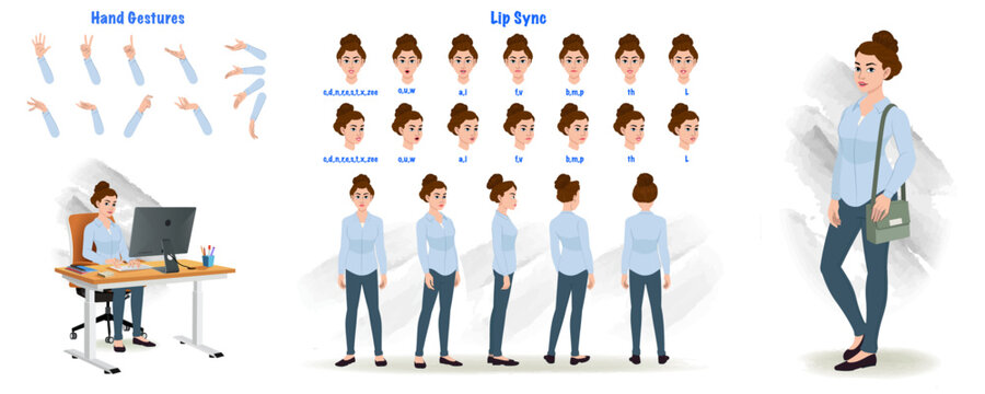 Set of Business woman character design. Character Model sheet. Front, side, back view animated character. Business girl character creation set with various views, poses and gestures. Cartoon style