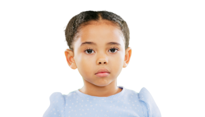 Serious, face and girl, child with facial expression and unimpressed isolated on png transparent background. Looking, study and young female kid in a portrait and distrust with emoji and headshot