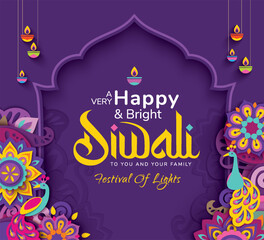 Happy Diwali celebration background. banner design decorated with illuminated oil lamps on patterned background. vector illustration design - obrazy, fototapety, plakaty
