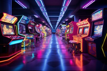 Vintage Arcade Room Adorned With Neon Lights, Generative AI 