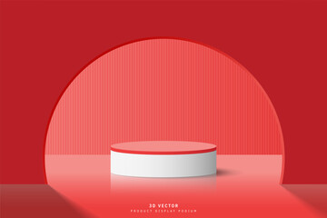Abstract red 3d cylinder podium pedestal or product display stand with door half circle shape and vertical background. Minimal scene for cosmetic product display advertising, mockup, showcase.