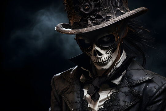 Halloween Man in Top Hat, horror looking , Day of the Dead and halloween model man Generative ai