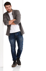 Wall leaning, man and arms crossed portrait with modern, trendy and hipster fashion. Confidence,...