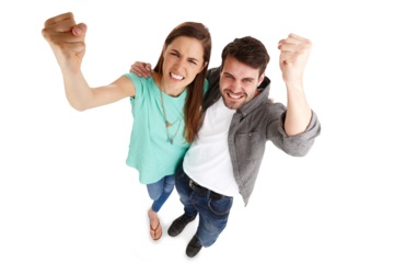 Angry, fist and above with portrait of couple and fight hand sign with protest and frustrated. Rage, anger and furious woman and annoyed man feeling mad isolated on a transparent, png background