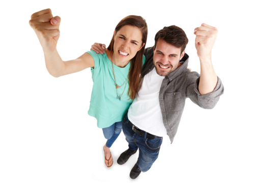Angry, fist and above with portrait of couple and fight hand sign with protest and frustrated. Rage, anger and furious woman and annoyed man feeling mad isolated on a transparent, png background