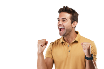 Yes, winning and man with bonus celebration and fist for motivation and competition success. Male person, happy and excited from achievement cheer and winner isolated on a transparent, png background