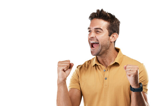 Yes, winning and man with bonus celebration and fist for motivation and competition success. Male person, happy and excited from achievement cheer and winner isolated on a transparent, png background