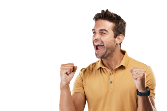 Yes, winning and man with bonus celebration and fist for motivation and competition success. Male person, happy and excited from achievement cheer and winner isolated on a transparent, png background