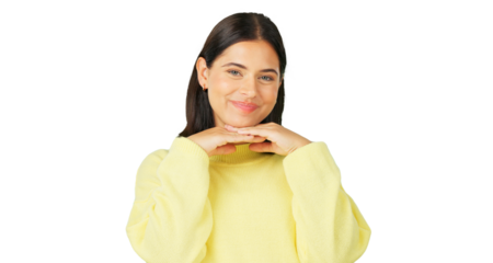 Pride, happy and a woman with a portrait and smile isolated on a transparent png background. Cute girl, cool young female model with confidence, fun personality and playful expression for freedom