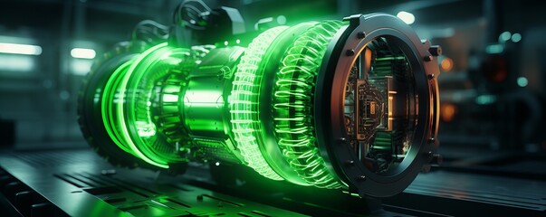 Futuristic engine, Green transport engineering concept.  Wide banner. AI generated digital design. 