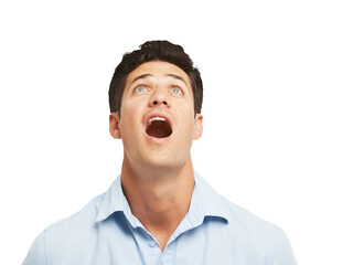 Surprise, man and wow at isolated announcement and discount sales deal on a transparent background....
