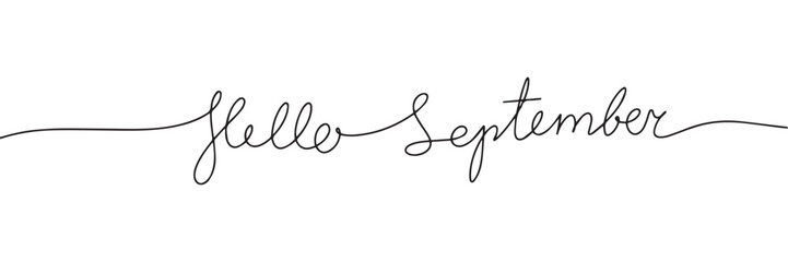 Fototapeta na wymiar Hello September one line continuous text. Line art Autumn banner concept. Handwriting, outline vector illustration.