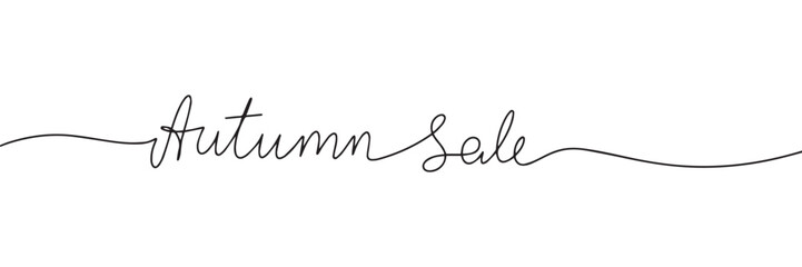 Autumn Sale one line continuous text. Line art Autumn banner concept. Handwriting, outline vector illustration.