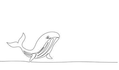 One line continuous whale. Line art ocean life banner concept. Hand drawn, outline vector illustration.
