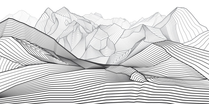 Mountains gray outline illustration.  Hills landscape. Sand dunes. Abstract lines image. Vector design art
