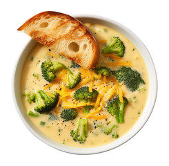 Cream of Broccoli and cheddar soup with bread vegetarian dish on transparent or white background, png