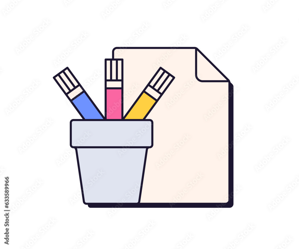 Poster paint icon in retro 90s style. paper and pencils in bucket. painting and drawing, art tool. nostalgi