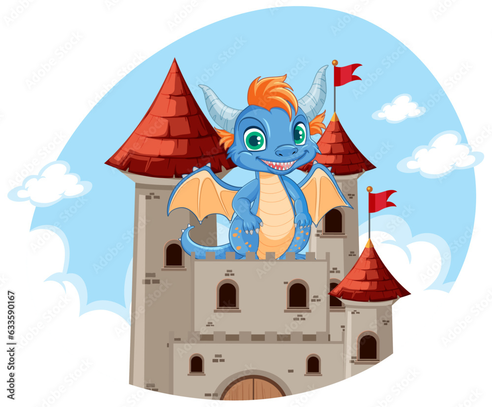 Canvas Prints Dragon on Castle in Cartoon Style