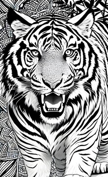 Tiger-Black and white line art for coloring. generative AI.