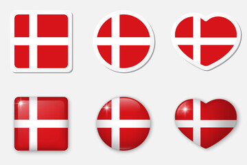 Flag of Denmark icons collection. Flat stickers and 3d realistic glass vector elements on white background with shadow underneath.