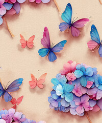 Big blue butterflies, hydrangea flowers bouquets in delicate pastel rose pink, beige, purple colors