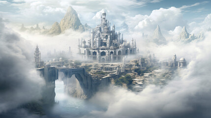 A fabulous lost city in white clouds