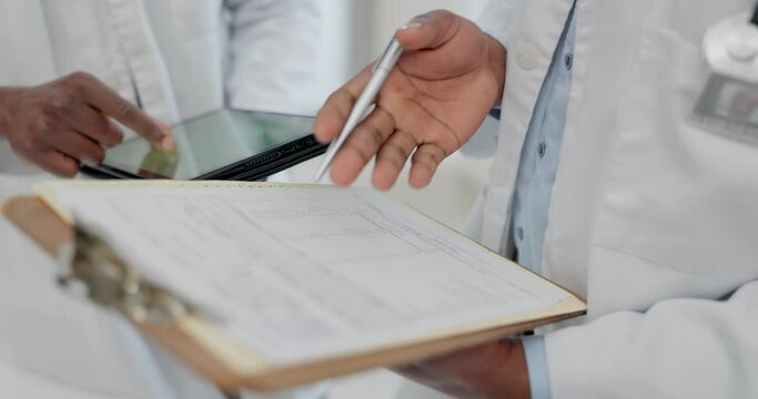Doctor hands, writing and documents with tablet, insurance information and medical history on checklist in clinic. Teamwork, paper and digital touchscreen for research, contract or admin in hospital