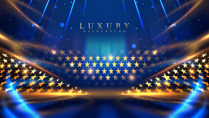 Stars stage with blue light effects element and gold with bokeh decorations on dark scene. Luxury style background. Award ceremony design concept. - obrazy, fototapety, plakaty