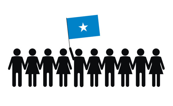 Sketch of a crowd and a leader with the flag of Somalia.