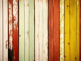 Texture of vintage wood boards with cracked paint of white, red, yellow and light green color. Horizontal retro background with old wooden planks of different colors. ai generated
