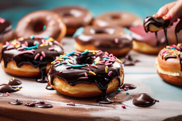 Delicious chocolate donuts with melted chocolate