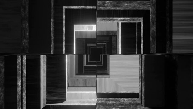 Abstract tunnel with polygonal frames loop 3d animation , sacred geometry geometric patterns for live concert music video trippy acid trance dmt lsd colorful art. Place for logo Black and white