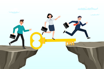 Business people walk on key success cross the gap, key success, solution to solve problem and overcome obstacle, link or connect bridge to help achieve success, resolution method or resolve (Vector)