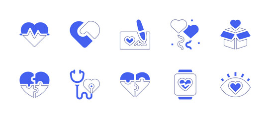 Heart icon set. Duotone style line stroke and bold. Vector illustration. Containing heart, beat, donation, balloon, charity, health, check, puzzle, rate.
