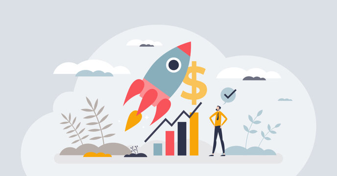 Paid advertising and marketing boost for sales growth tiny person concept. Brand recognition campaign with purchased ads, commercials and banners for company profit development vector illustration.